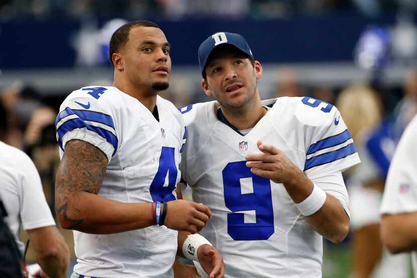 In a Sunday, Nov. 20, 2016 file photo, Dallas Cowboys' Dak Prescott (4) and Tony Romo (9)...