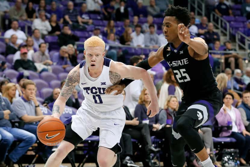 FILE  - In this Wednesday, March 1, 2017 file photo, TCU's Jaylen Fisher (0) drives to the...