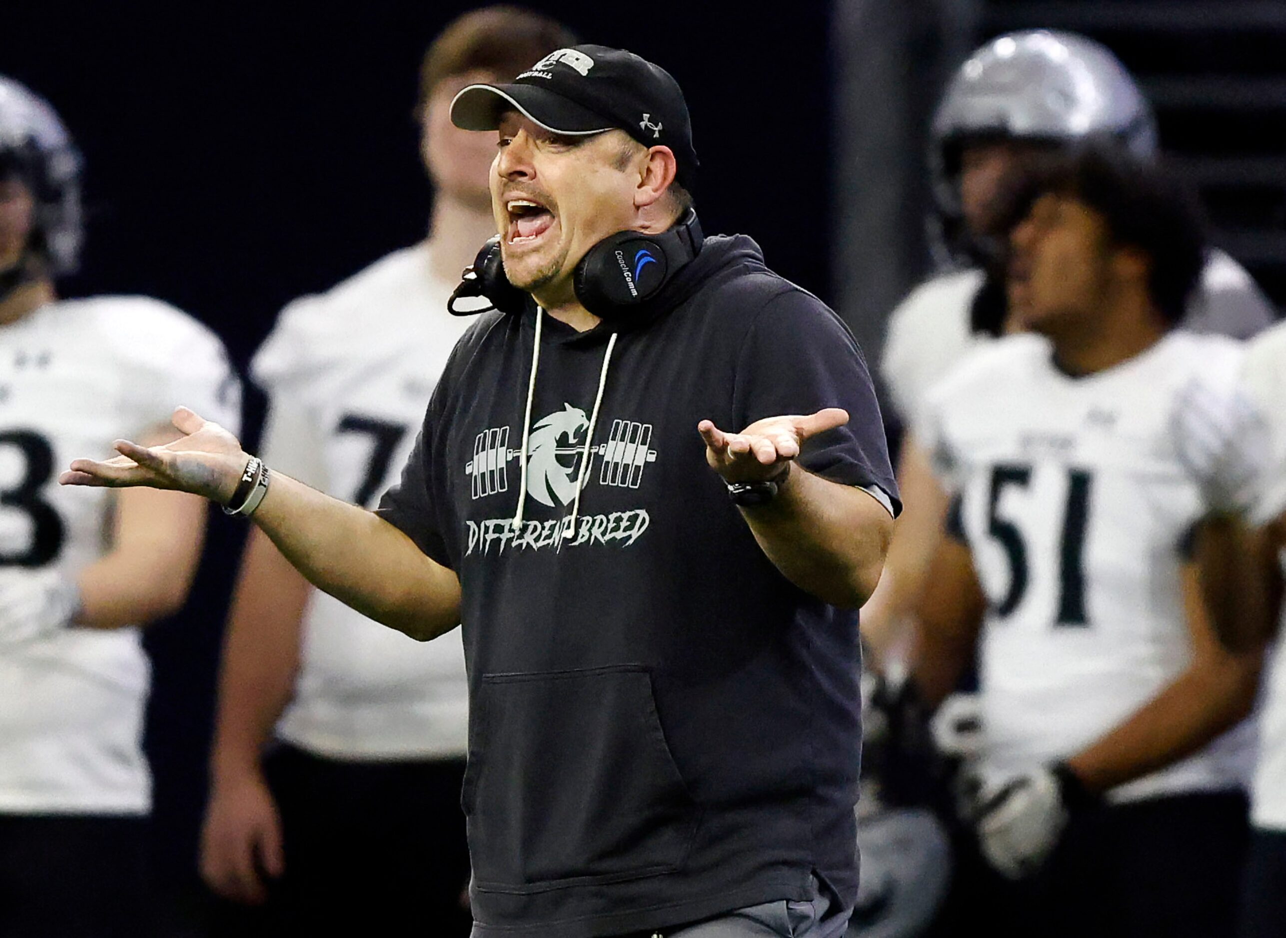 Denton Guyer head coach Reed Heim questions a  second half call during their Class 6A...