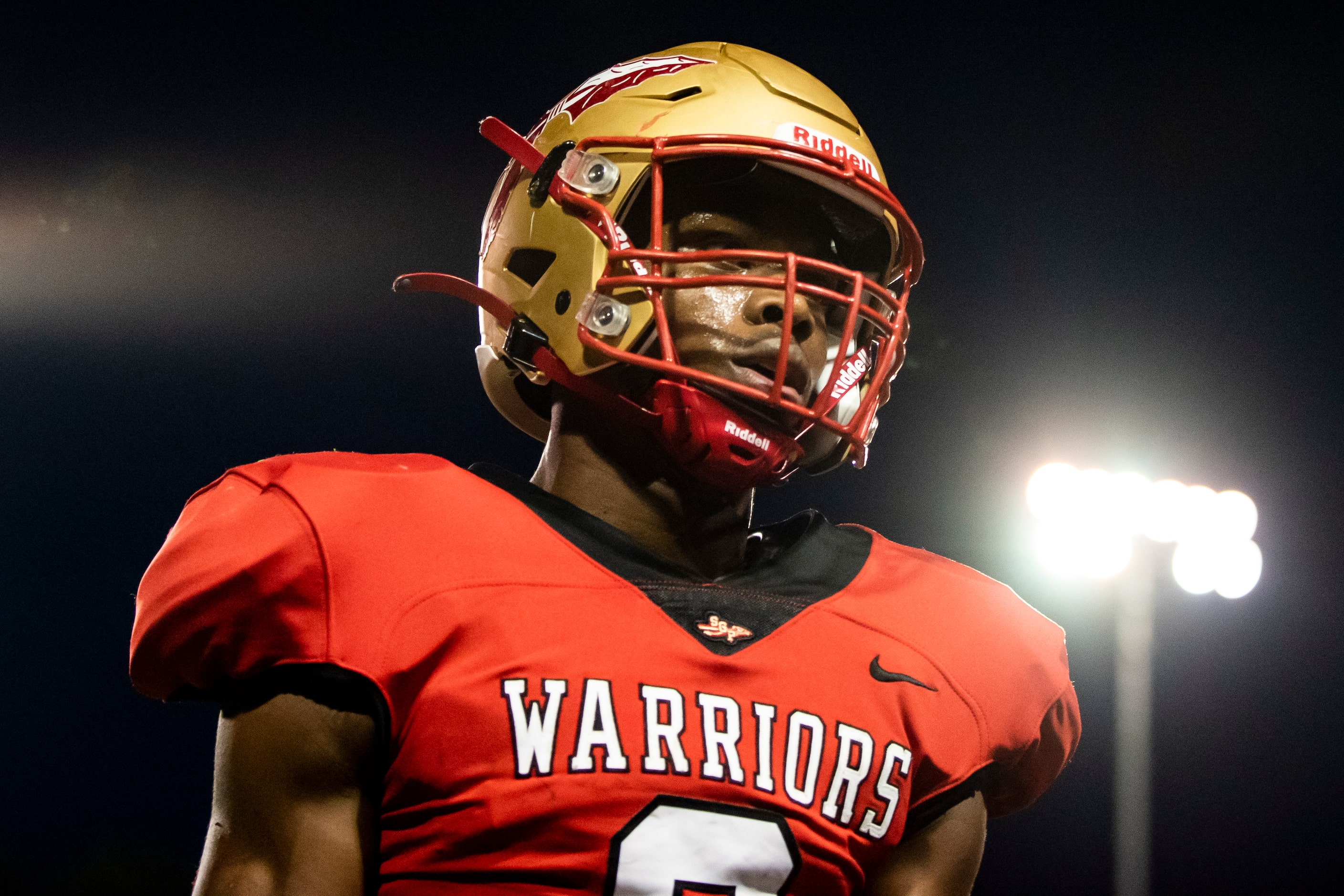 South Grand Prairie junior AJ Newberry (6) walks off the field following a play during South...