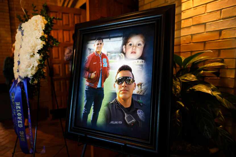 Photos of Dallas Police Officer Jacob Arellano were on display during his funeral mass at...