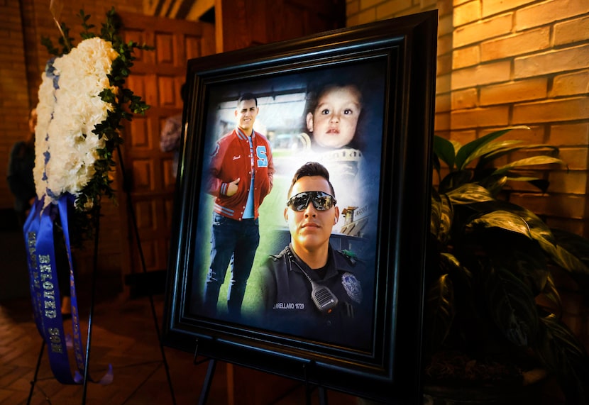 Photos of Dallas Police Officer Jacob Arellano were on display during his funeral mass at...