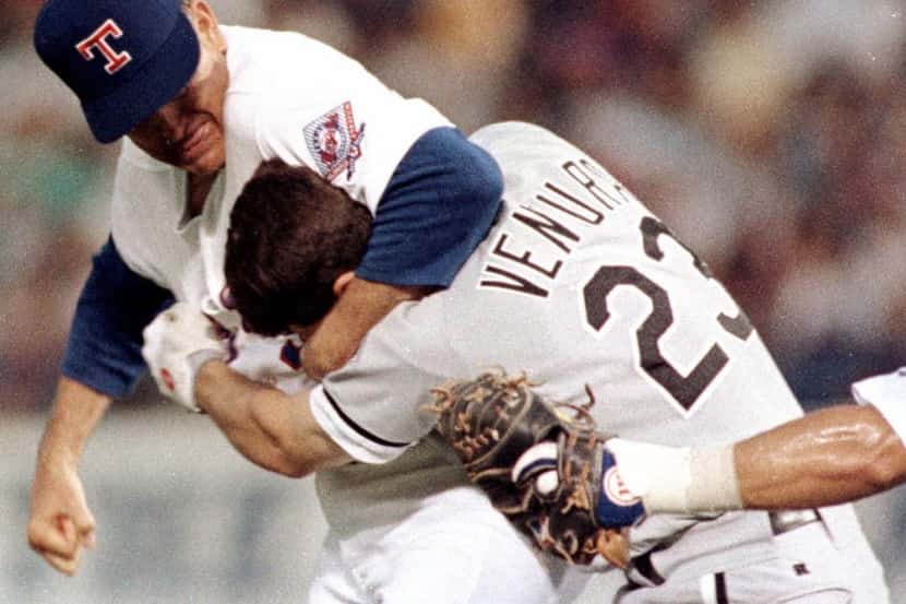 Texas Ranger pitcher Nolan Ryan hits Robin Ventura of the Chicago White Sox after Ventura...