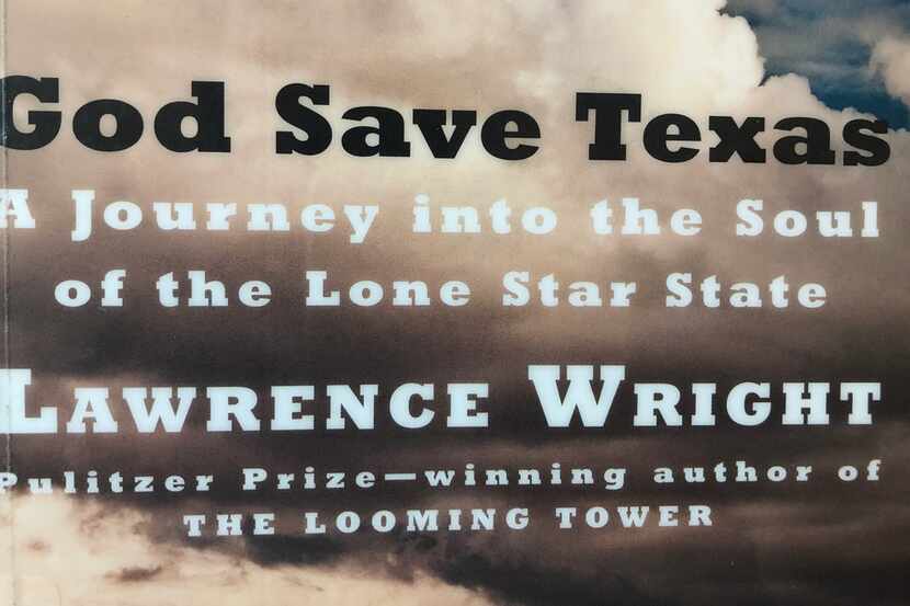 The cover of Lawrence Wright's "God Save Texas" inside the Haggard Library in Plano, Texas...