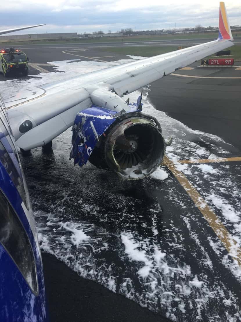 The damaged engine on Southwest flight 1380 on April 17, 2018. A turbine blade broke off,...