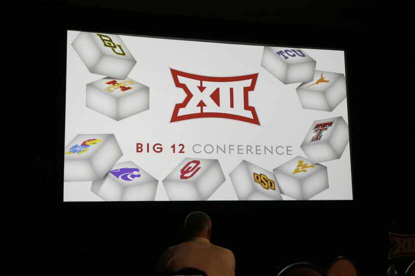 The Big 12 logo is shown during the Big 12 college football media days in Dallas, Tuesday,...