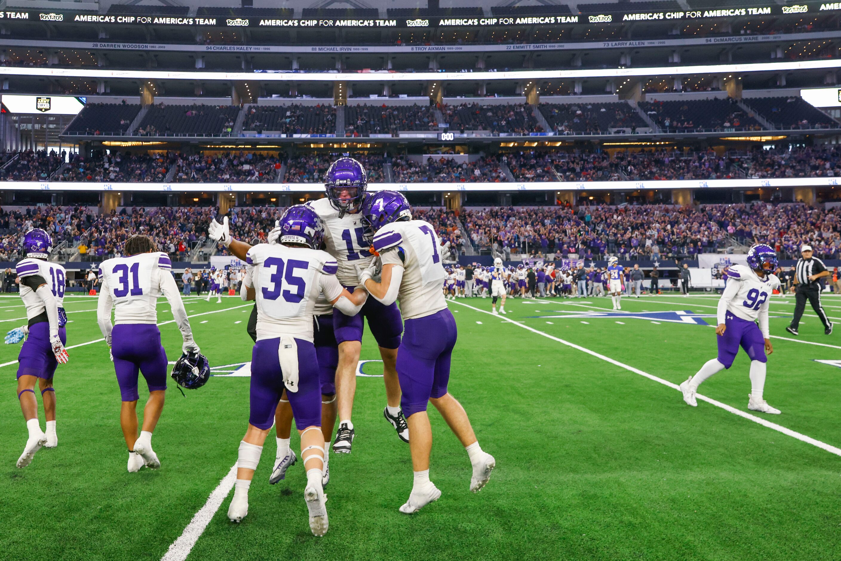 Anna High players celebrate a victory against Tyler Chapel Hill in Class 4A Division I state...