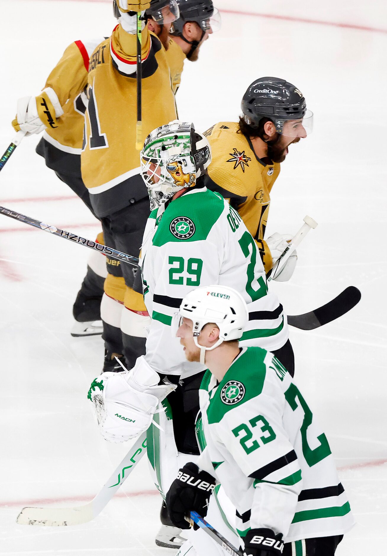 Vegas Golden Knights defenseman Nicolas Hague (14) and his teammates celebrate their...