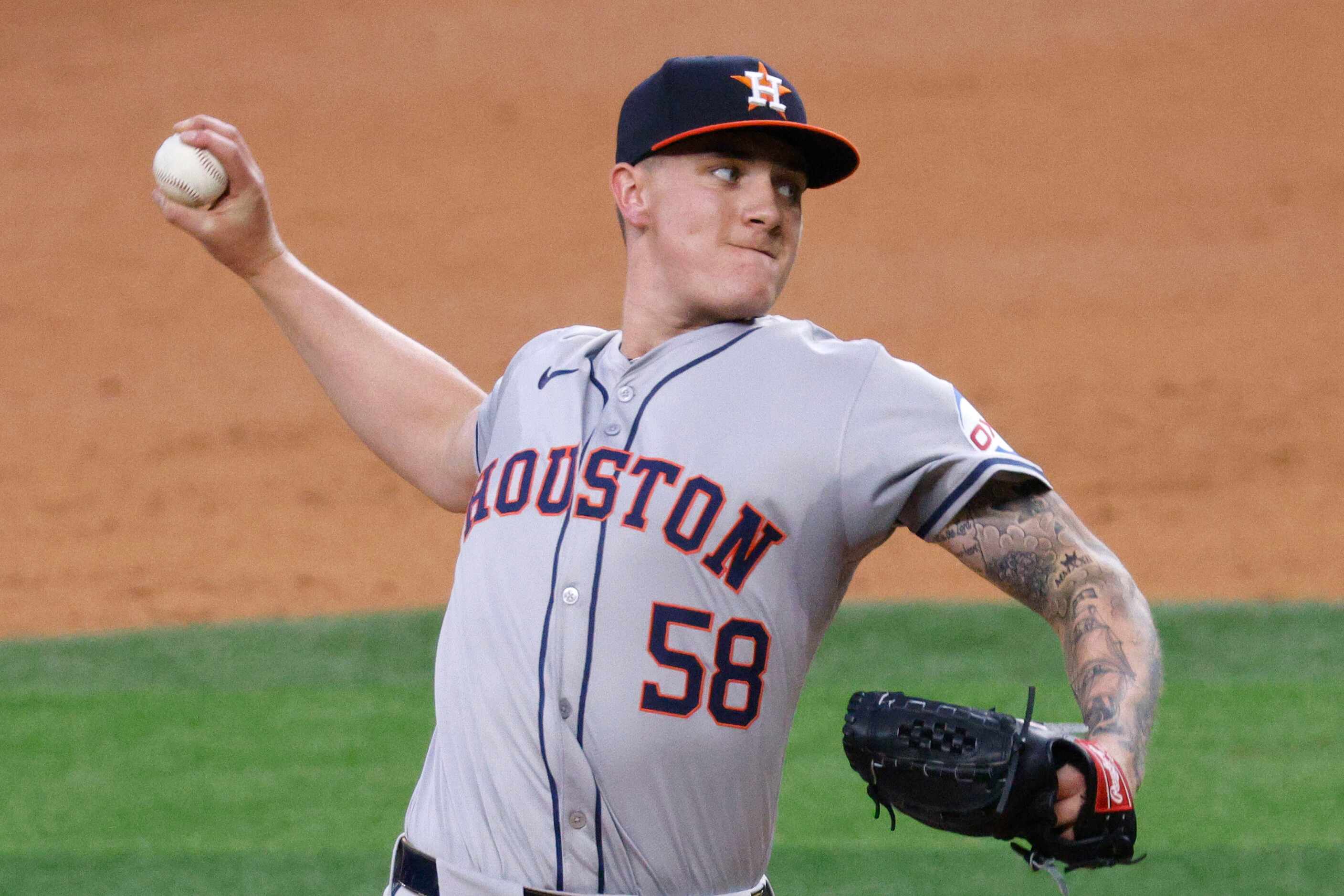 Houston Astros pitcher Hunter Brown (58) delivers during the second inning of a baseball...