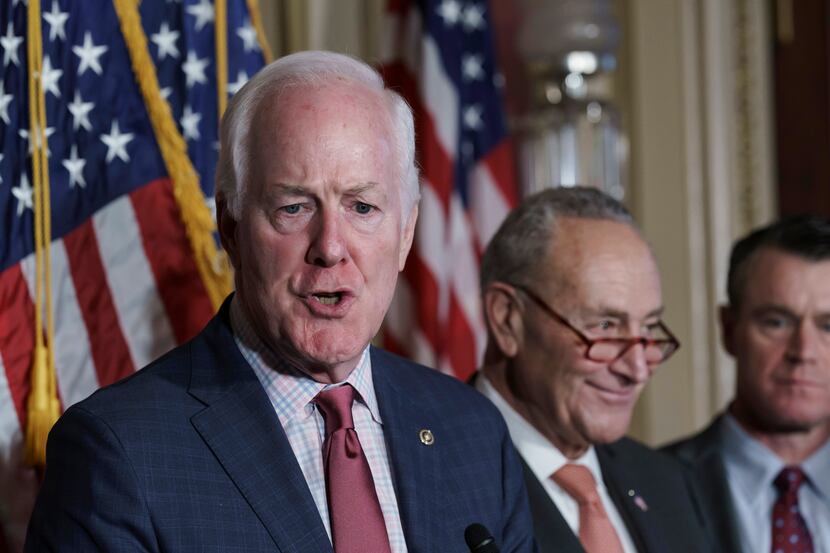 Sen. John Cornyn, R-Texas, joined by Senate Majority Leader Chuck Schumer, D-N.Y., and Sen....