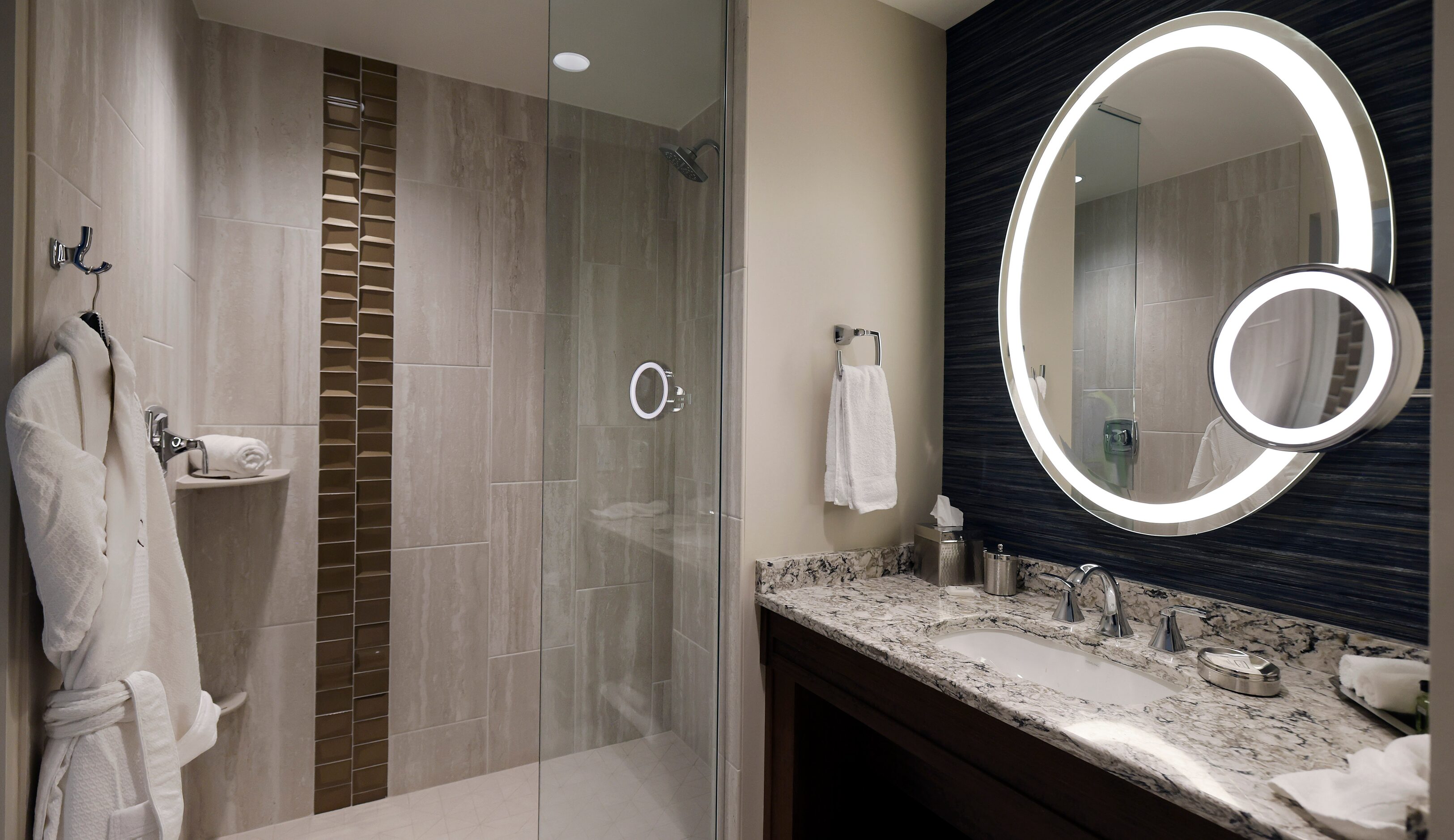 A standard hotel room bathroom.