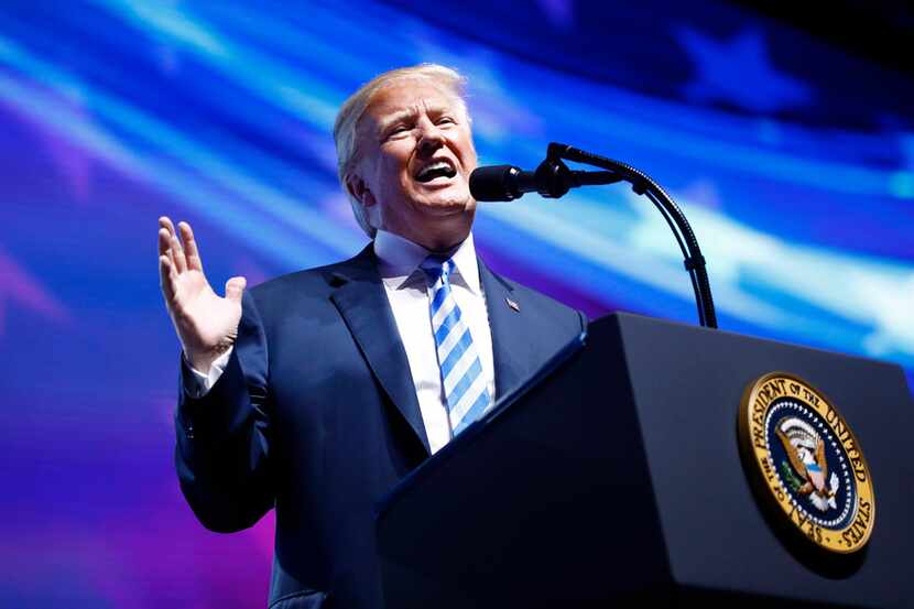 President Donald Trump speaks to the NRA convention in Dallas on May 4, 2018.