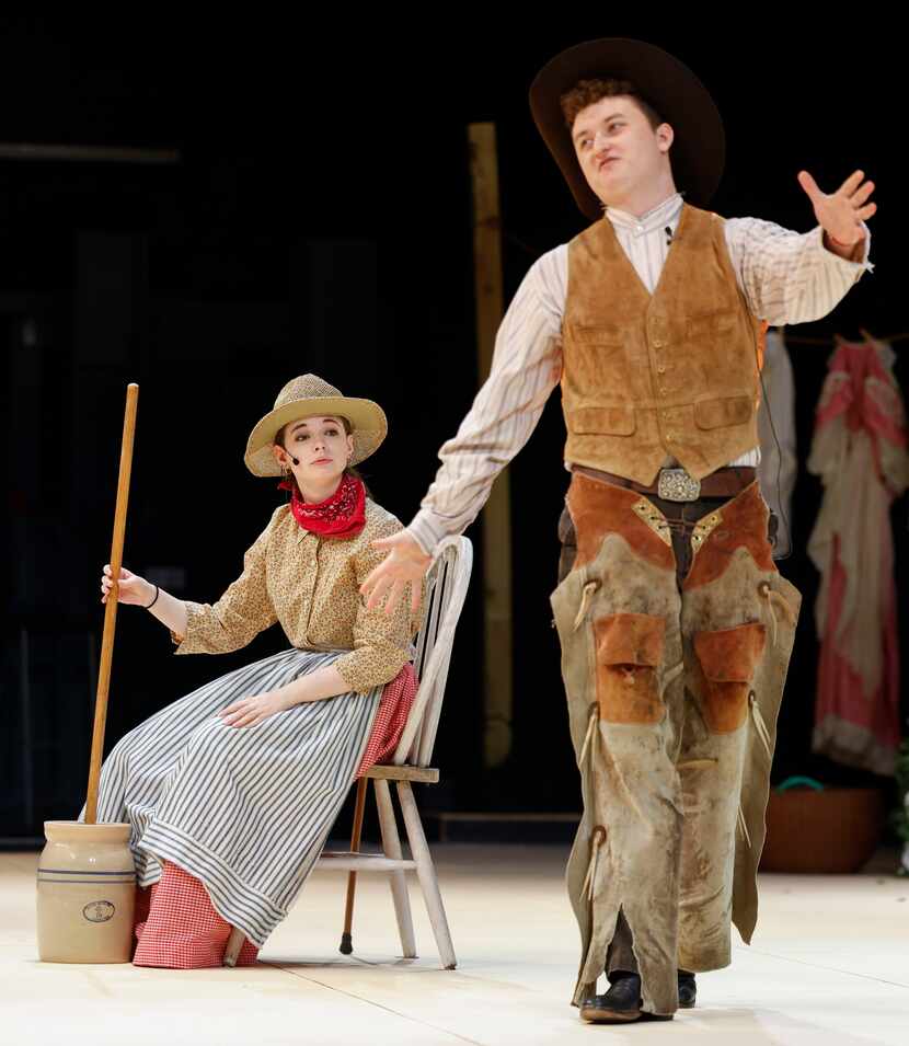 Kiersten Harston (left) as Aunt Eller, and Tucker White as Curly take part in a rehearsal...