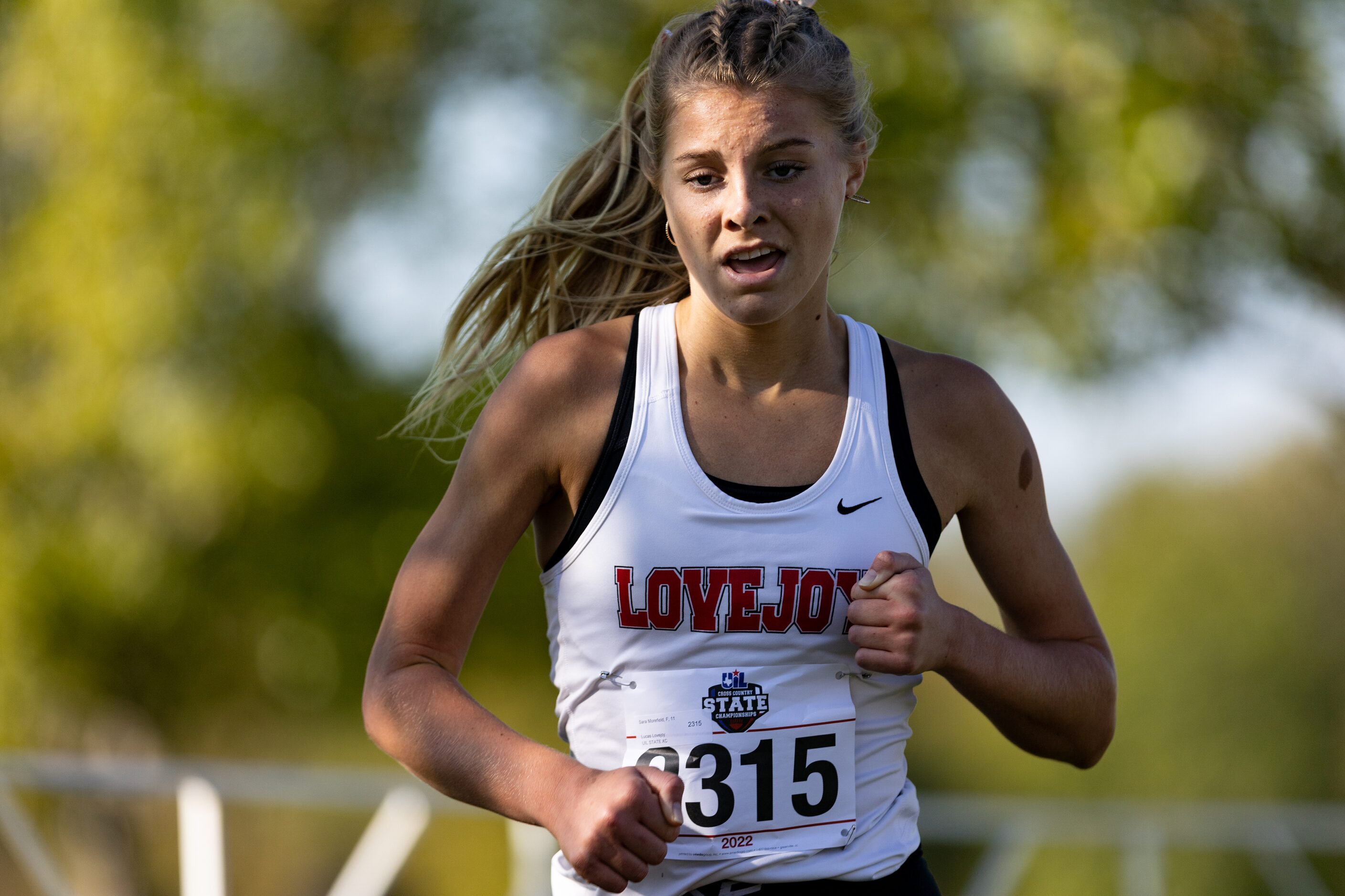 Sara Morefield of the Lovejoy Leopards runs in the 5A girls' 3200m race during the UIL Cross...