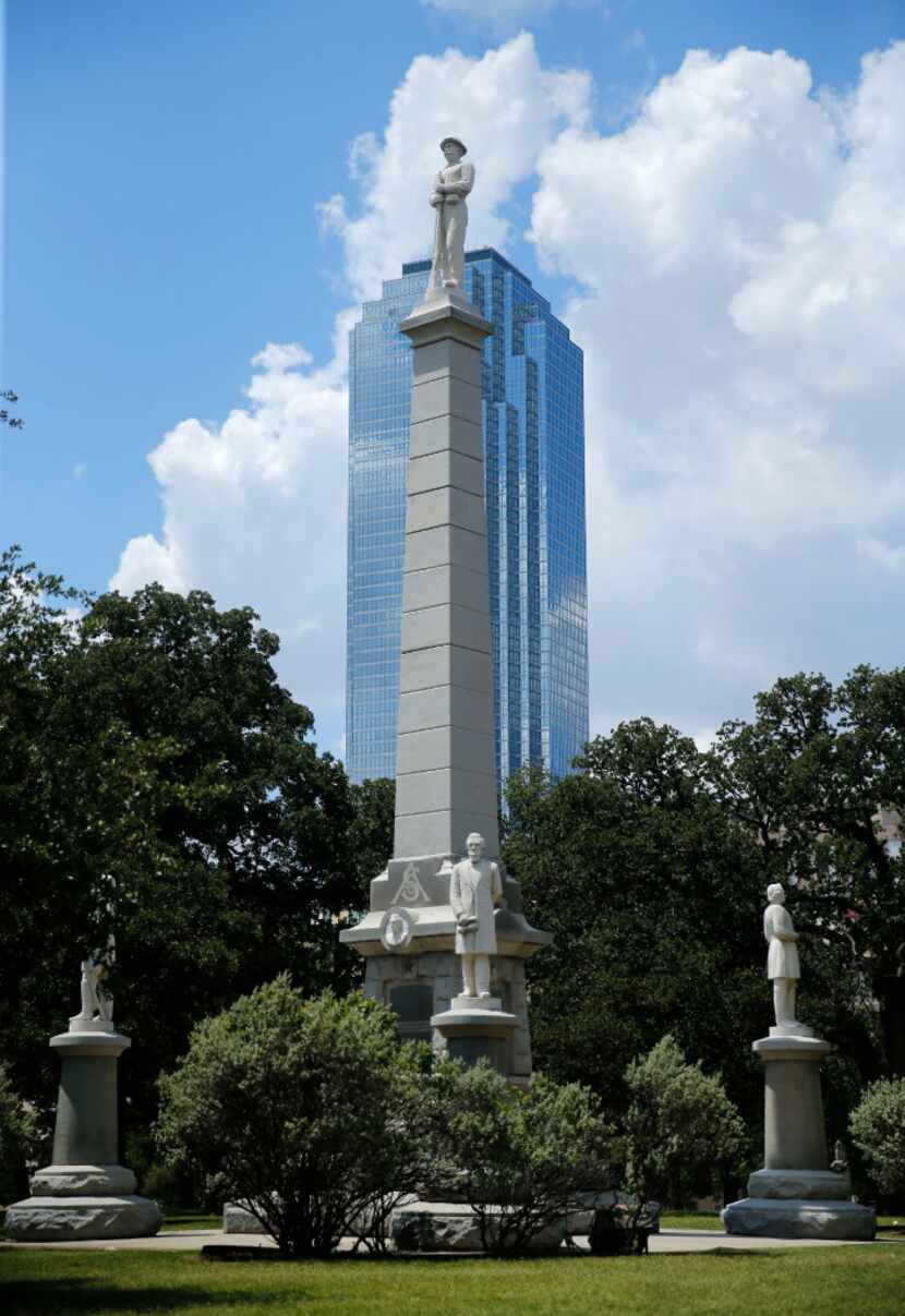 The Confederate War Memorial at Pioneer Park Cemetery in downtown Dallas, At the monument's...