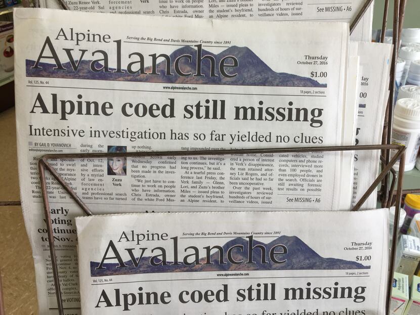 The Alpine Avalanche newspaper on Oct. 27, two weeks after Zuzu Verk went missing.