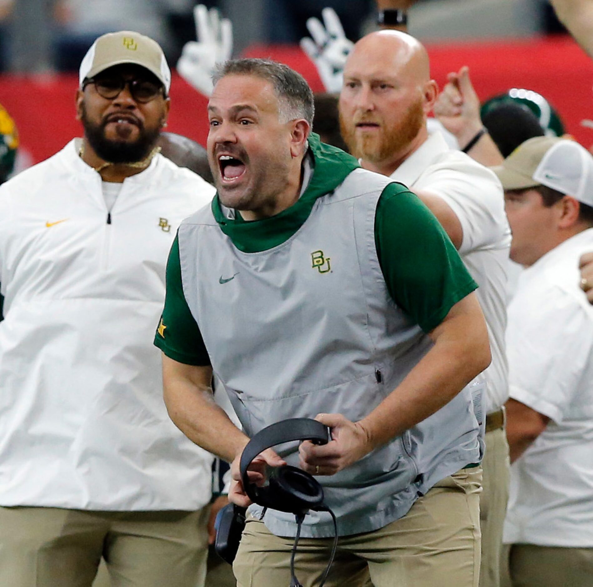 Baylor Bears head coach Matt Rhule yells at the referee in the opening possession against...