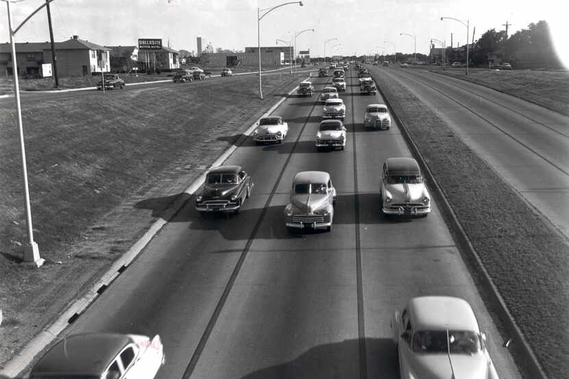 North Central Expressway in the early 1950s. The view is looking south toward downtown from...