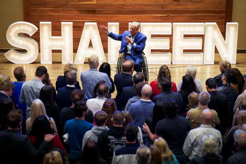 Texas Gov. Greg Abbott addresses supporters during at a campaign event for state Rep. Matt...