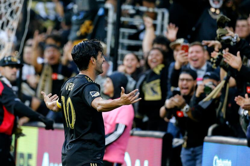 Los Angeles FC forward Carlos Vela of Mexico, celebrates his goal against Portland Timbers...