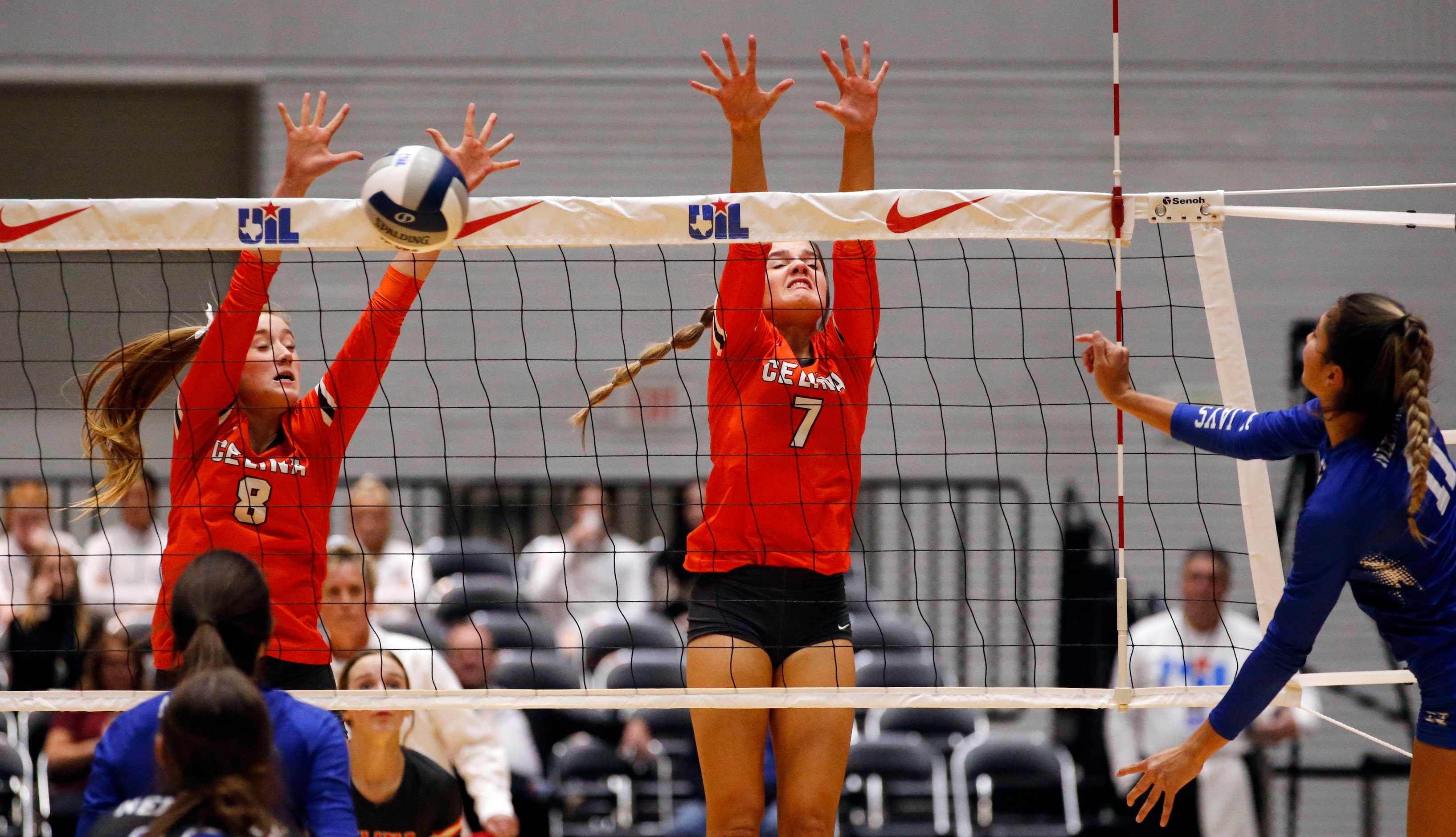 Celina's Payton Grubbs (8) and Ryan McCoy (7) defend a shot by Needville's Yasmyn Ochoa (11)...