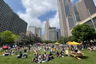 Eclipse watchers gathered at downtown Dallas' Main Street Garden on Monday, April 8.