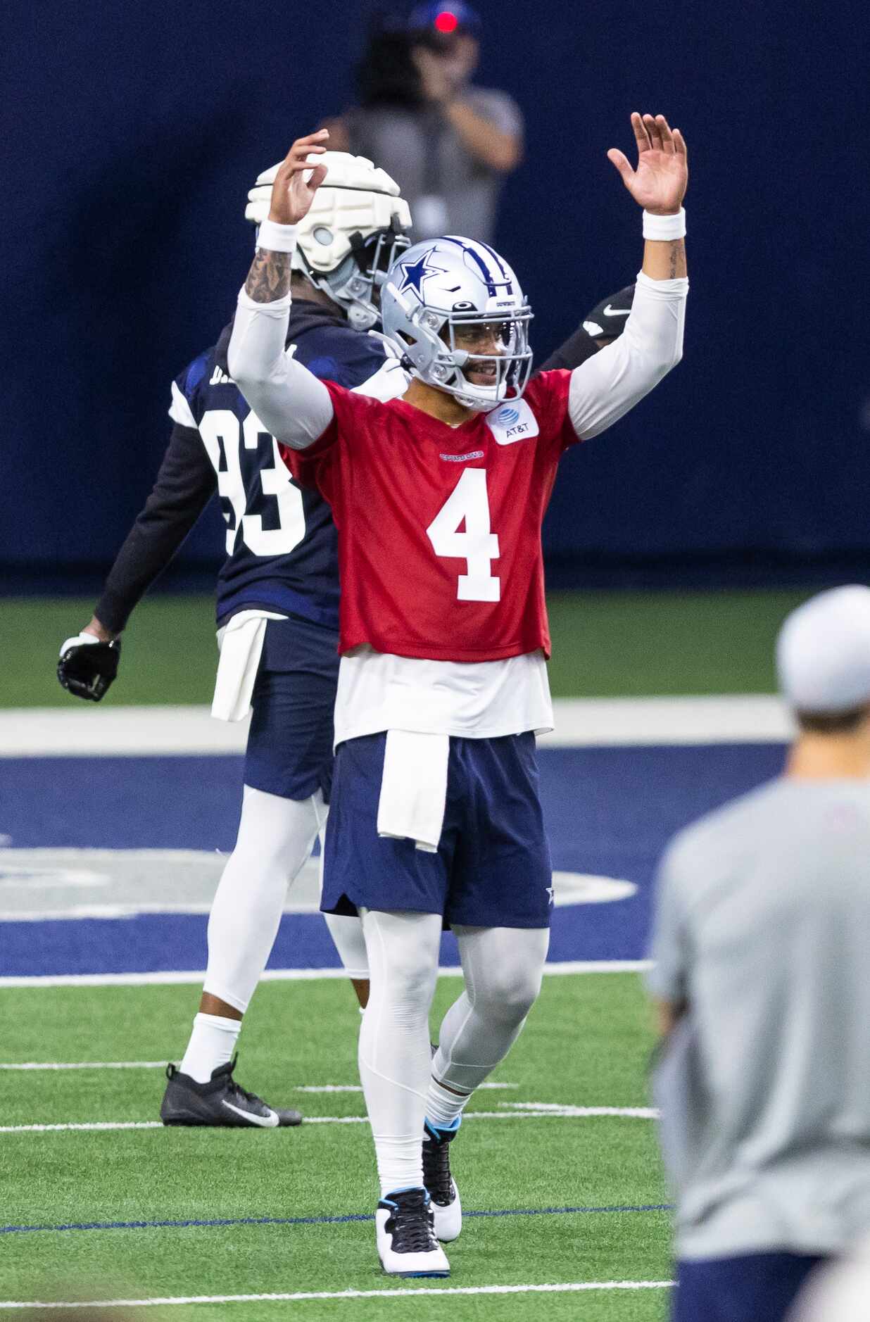 Dallas Cowboys quarterback Dak Prescott celebrates a touchdown during a minicamp practice at...
