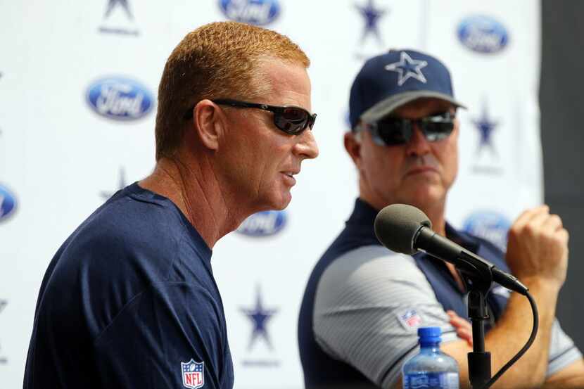 Head coach Jason Garrett answers questions alongside Chief Operating Officer / Executive...