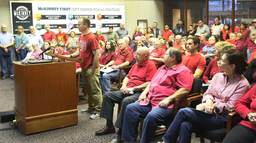 Collin County resident Matthew Weyenberg speaks to the McKinney City Council about...