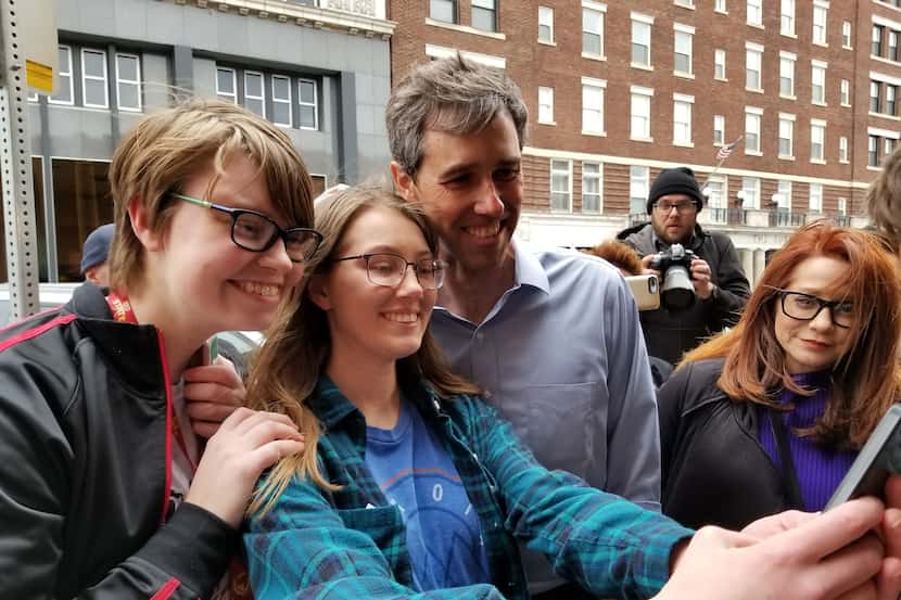 Beto O'Rourke stops for a photo after stumping in Burlington, Iowa. At right is aide Cynthia...