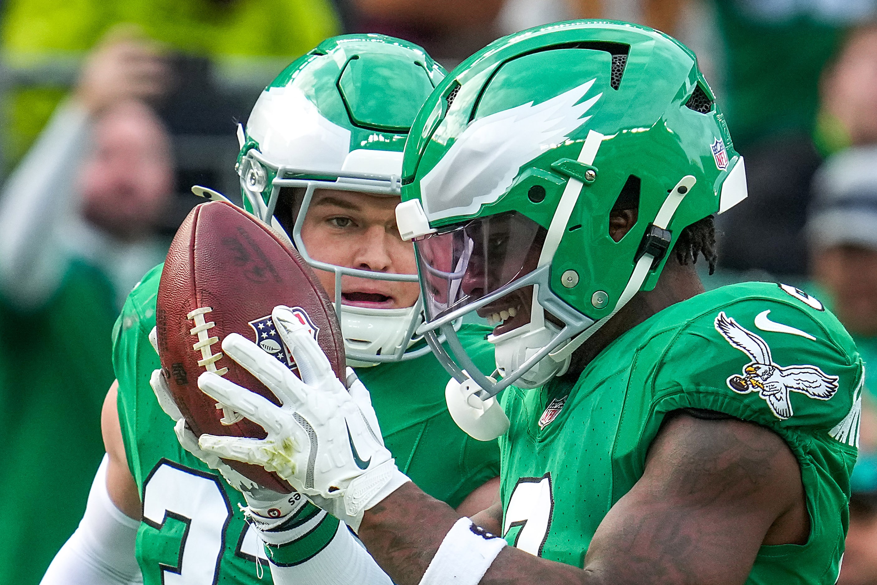 Philadelphia Eagles safety C.J. Gardner-Johnson (8) celebrates with safety Reed Blankenship...