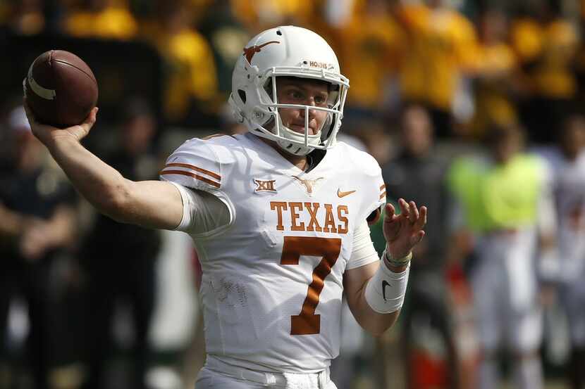 WACO, TX - OCTOBER 28: Shane Buechele #7 of the Texas Longhorns throws against the Baylor...