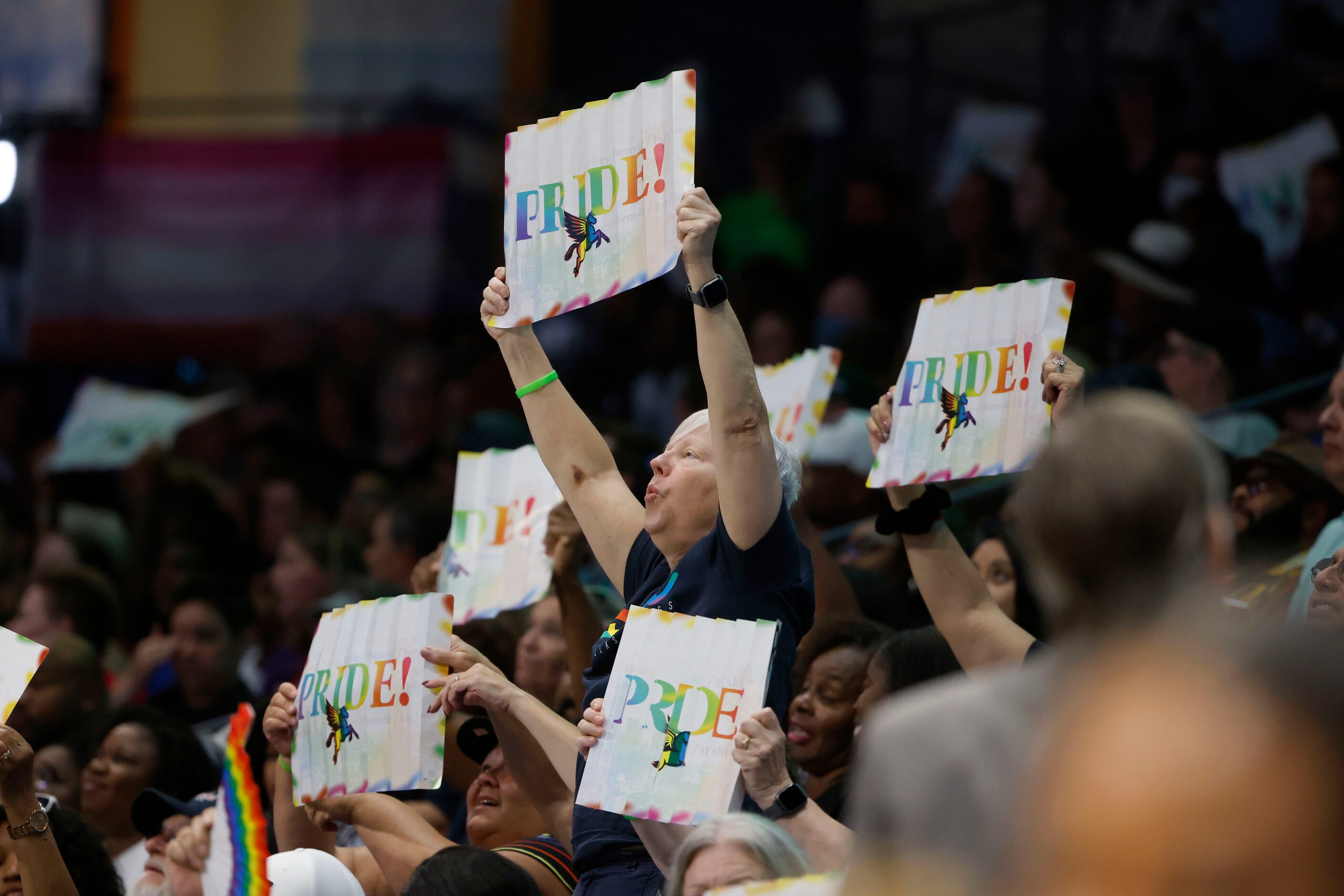 Fans show the Dallas Wings support at Pride Night during the second half of a WNBA...