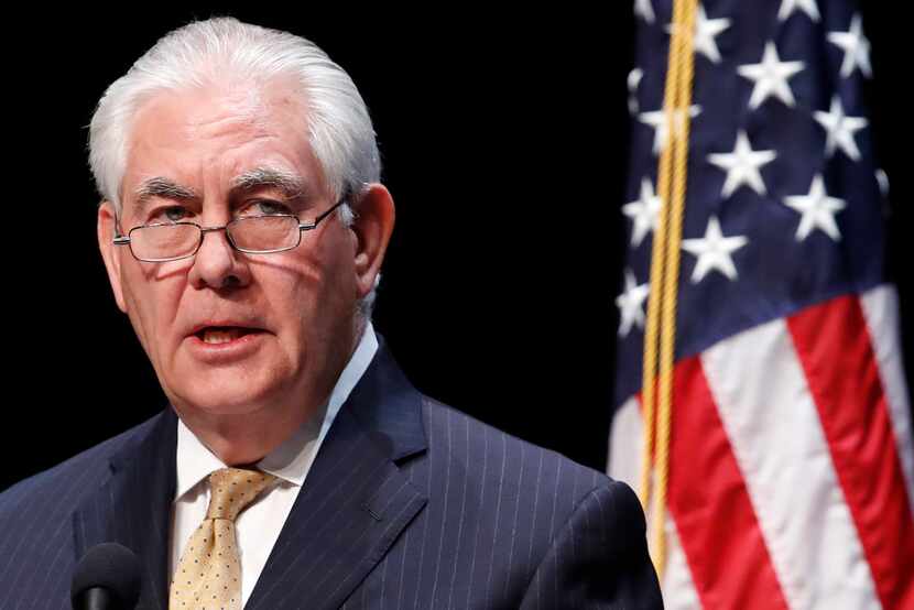In this March 6, 2018, file photo, then-Secretary of State Rex Tillerson speaks about the...