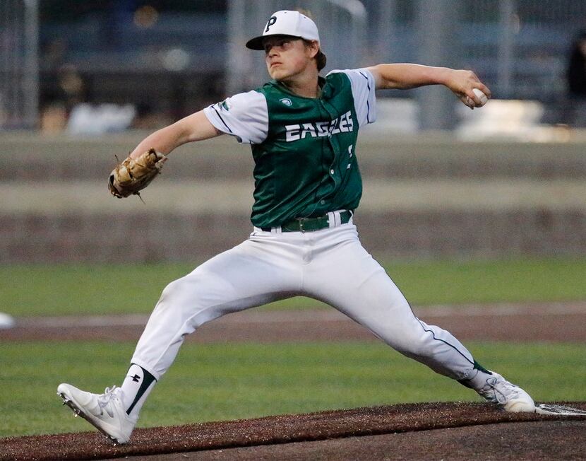 Prosper High School pitcher Jake Cosner (2) Throws a pitch in the first inning as Jesuit...