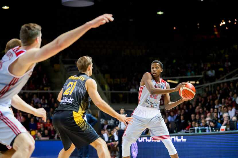 Frank Ntilikina, a point guard for the European basketball team SIG Strasbourg, during a...