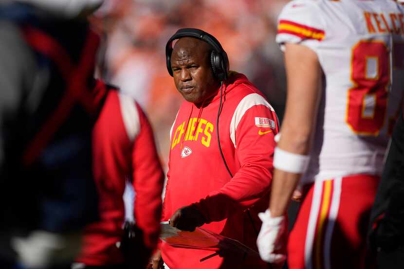Kansas City Chiefs offensive coordinator Eric Bieniemy watches during the first half of the...