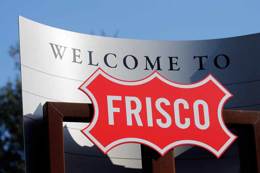 A  sign welcomes people to Frisco at the intersection of Dallas North Tollway and Sam...