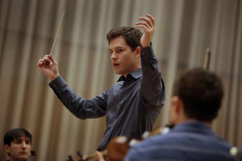 Conductor Richard McCay led the Dallas Chamber Symphony in a rehearsal in Hammon Hall Friday...
