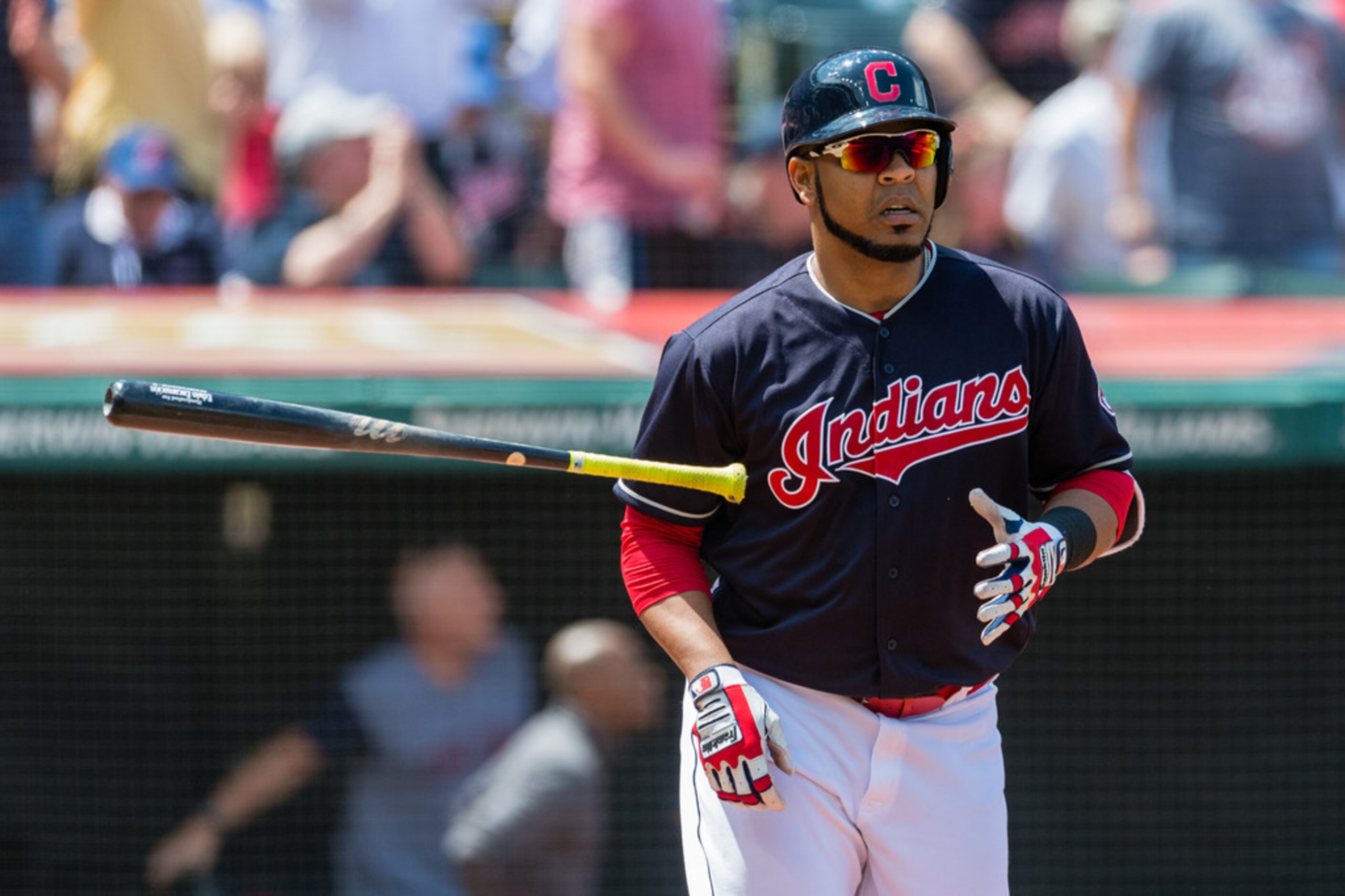 CLEVELAND, OH - MAY 2: Edwin Encarnacion #10 of the Cleveland Indians tosses his bat after...