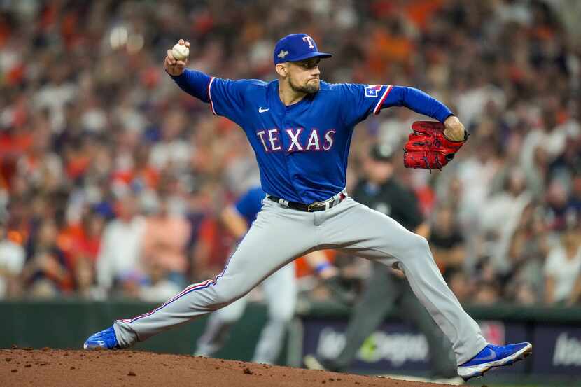 Texas Rangers starting pitcher Nathan Eovaldi pitches in the first inning against the...