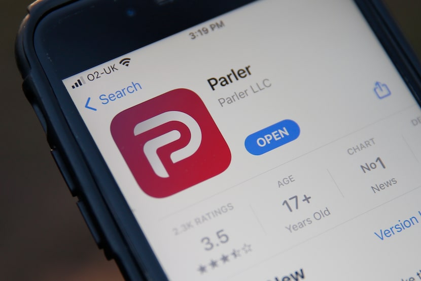 The Parler logo on a smartphone. 