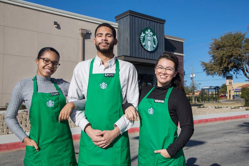 From left: Employees Erykah London, Edmund Young and Vania Perez outside Starbucks in Dallas.