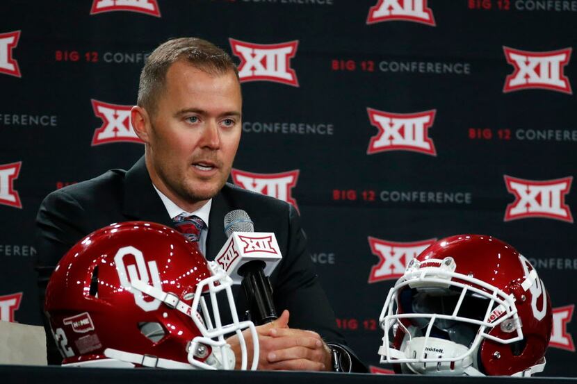 Oklahoma head football coach Lincoln Riley speaks during a press conference at the Big 12...