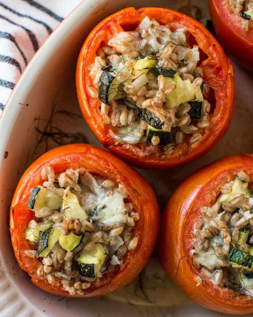 Farro and Gorgonzola Baked Tomatoes