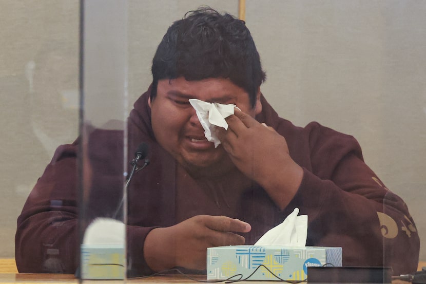 Armando Macedonio, the uncle of Ivan Noyola, cries at the witness stand as he recalls the...