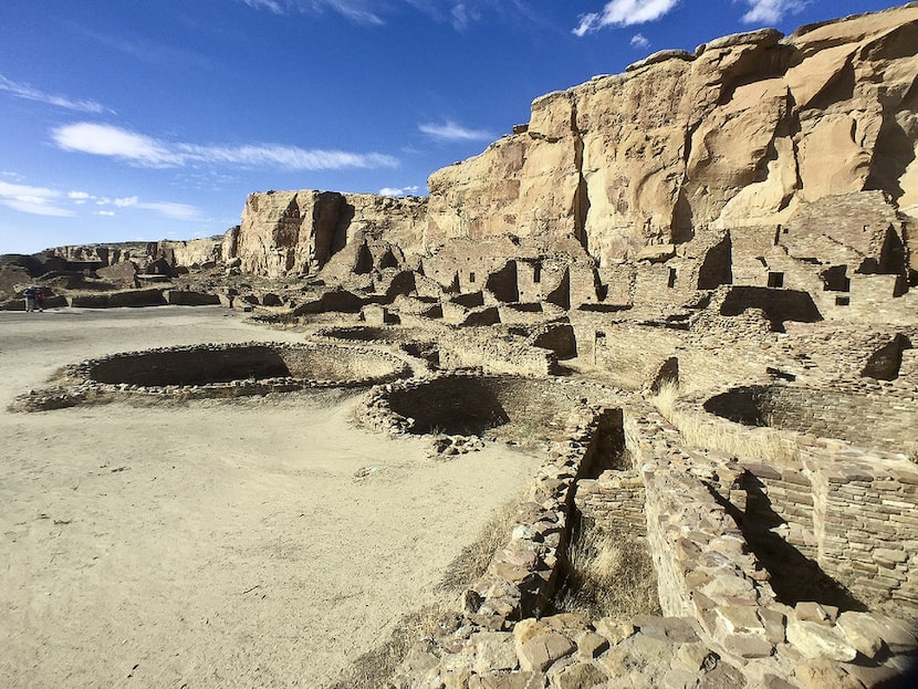 Kivas, round underground ceremonial spaces, dot Pueblo Bonito and other sites in Chaco...