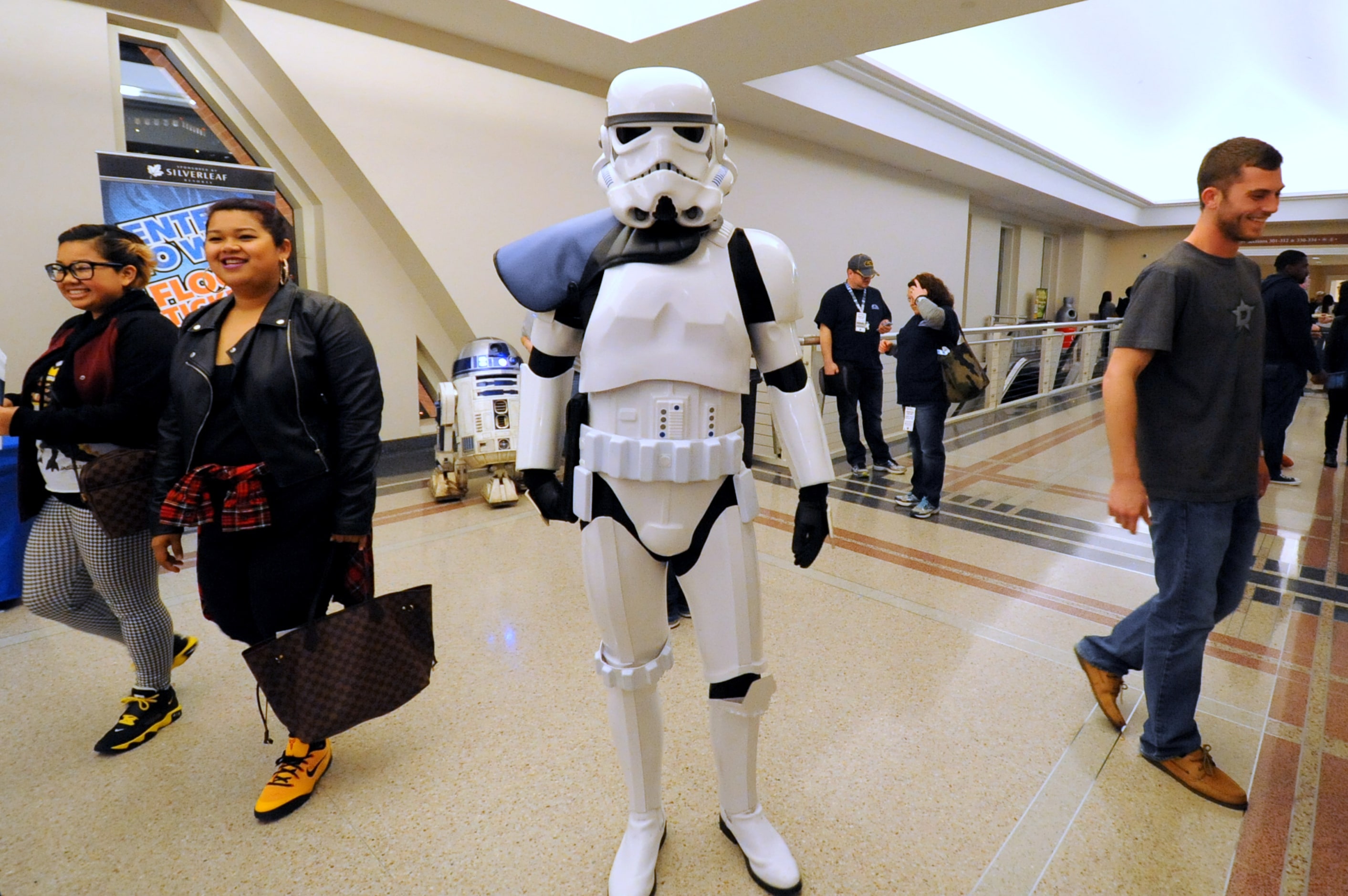 A storm trooper meets fans at Star Wars night at the Dallas Mavericks basketball game at...