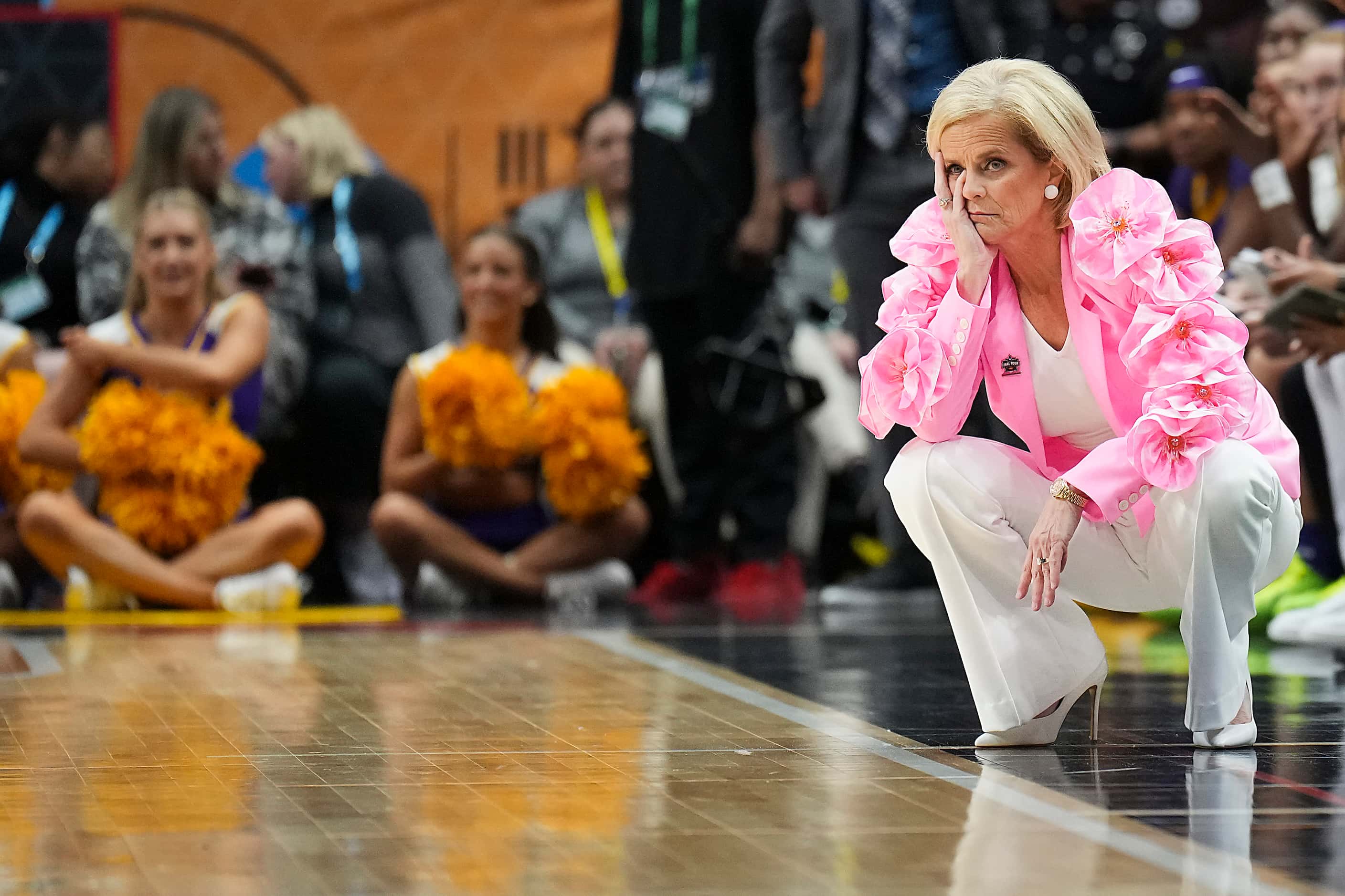 LSU head coach Kim Mulkey looks on during the first half of an NCAA Women's Final Four...