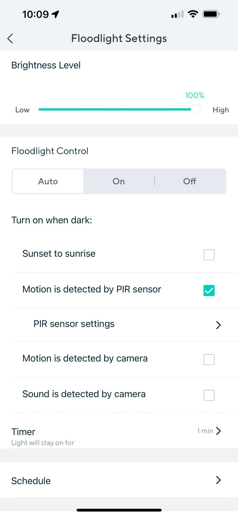 The floodlight controls in the Wyze app.